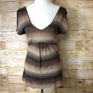 Ella Moss Brown and Tan Striped Ombre Short Sleeve Blouse Sz M